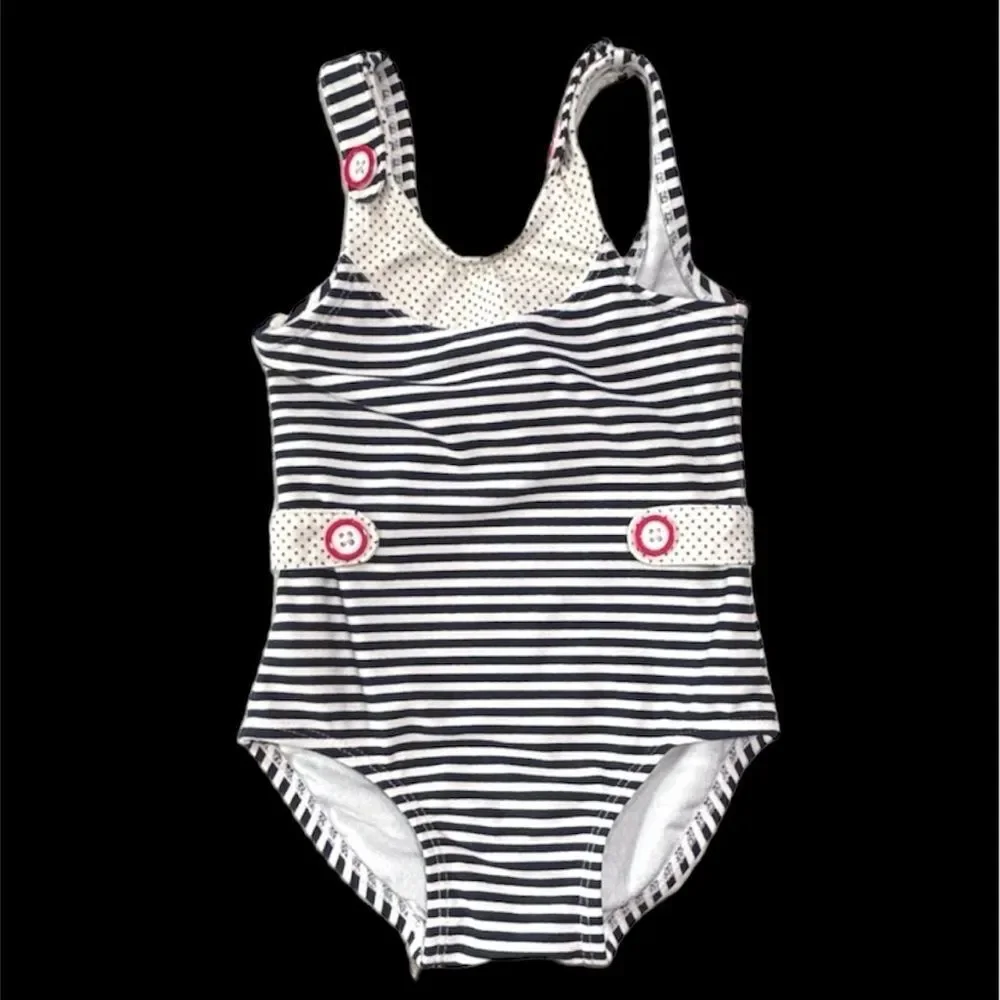 Janie And Jack One-Piece Swimsuit Nautical Stripes Polka Dot Buttons Size 12-18M